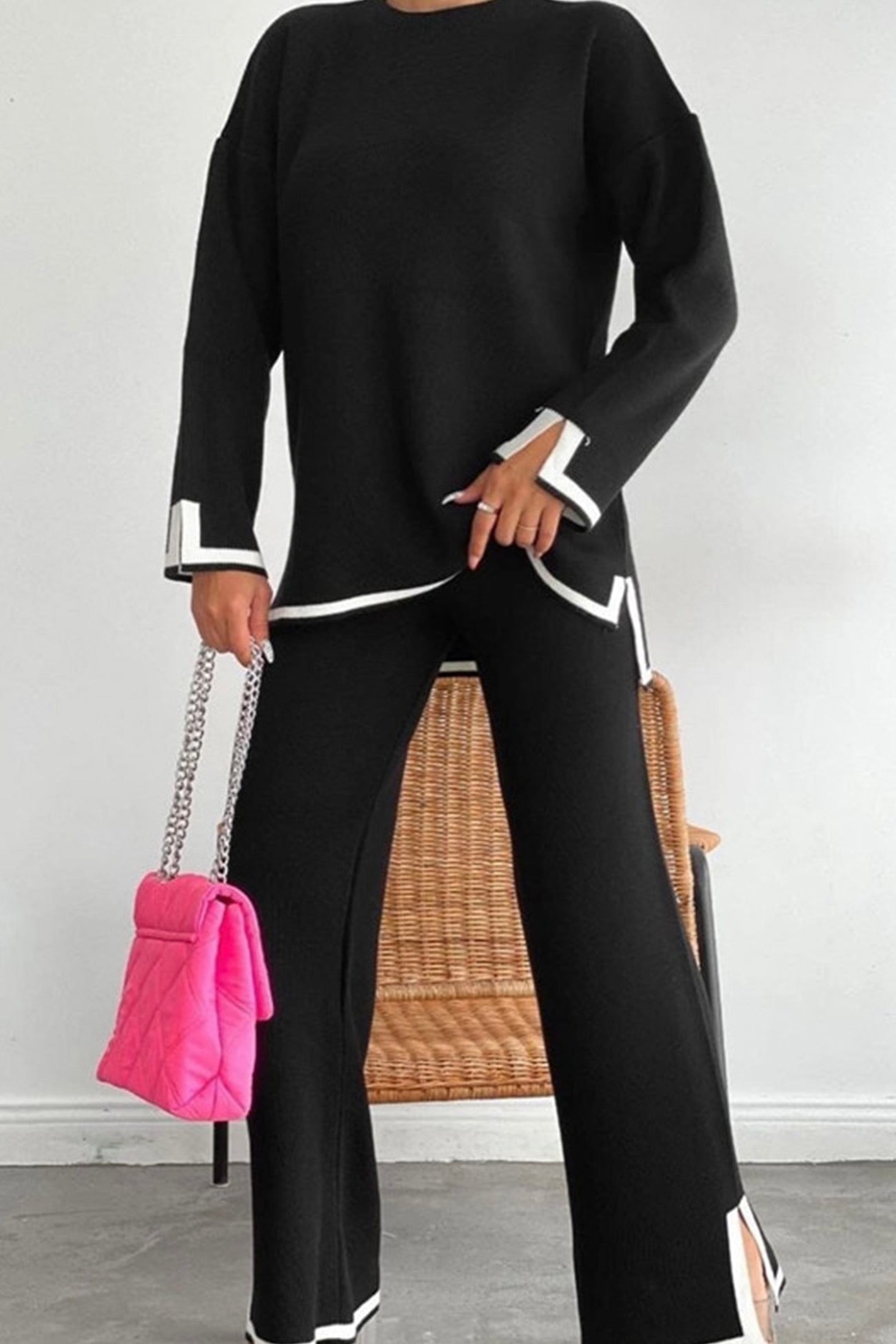 Contrast Slit Knit Top Long Pants Suits