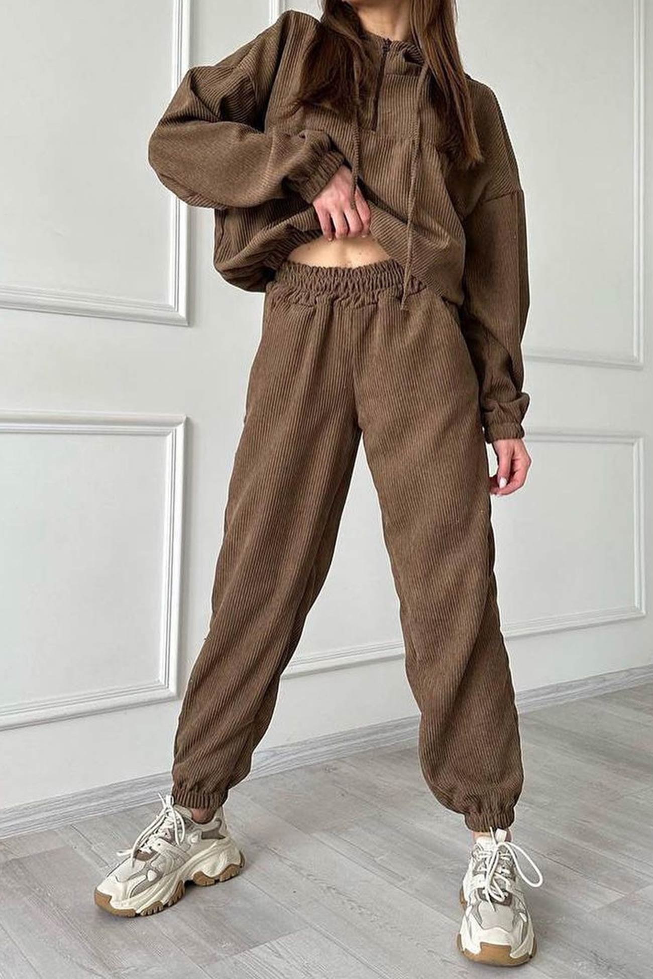 Drawstring Zip-up Hoodie Long Pants Suits