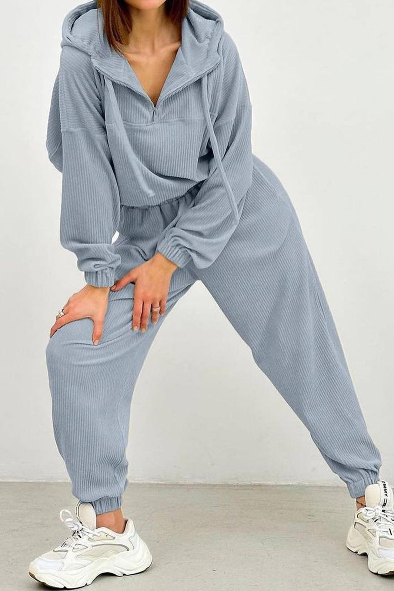 Drawstring Zip-up Hoodie Long Pants Suits