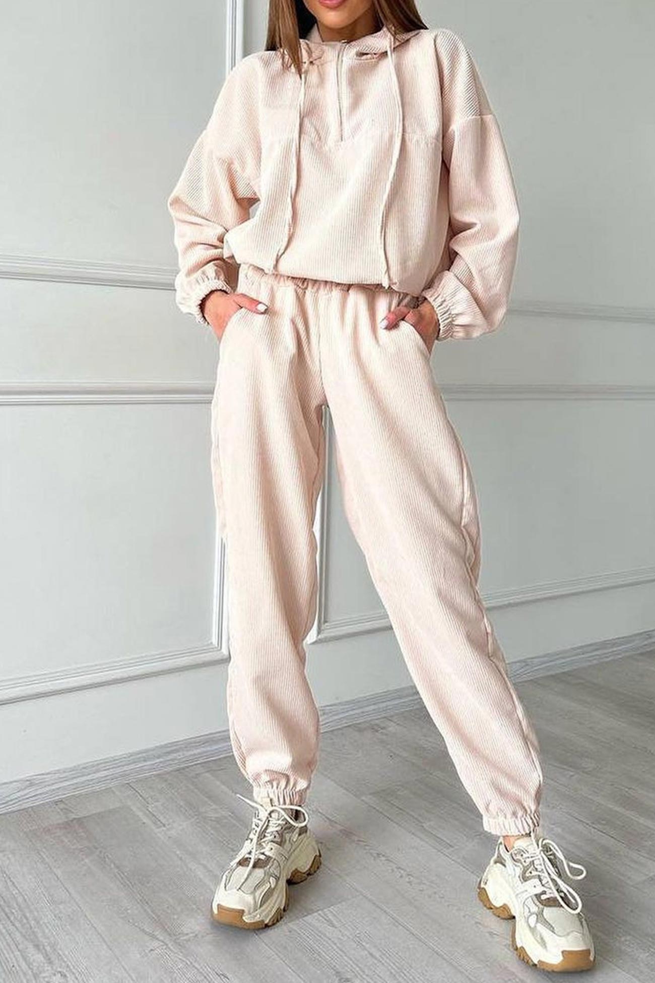 Drawstring Zip-up Hoodie Long Pants Suits