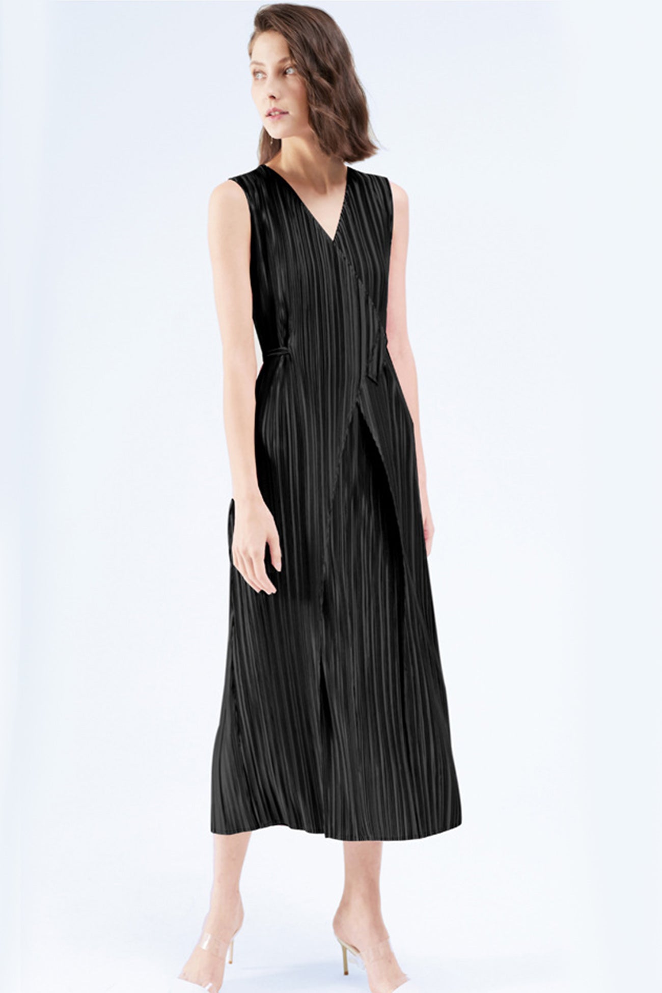 Fully Pleated Glossy Tie-Strap Dress