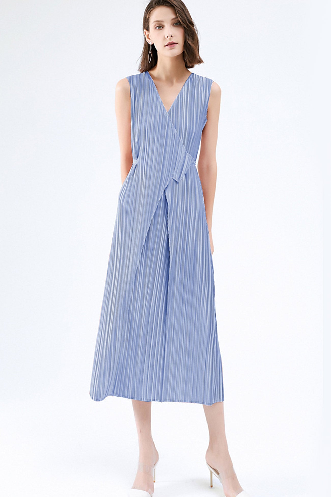 Fully Pleated Glossy Tie-Strap Dress