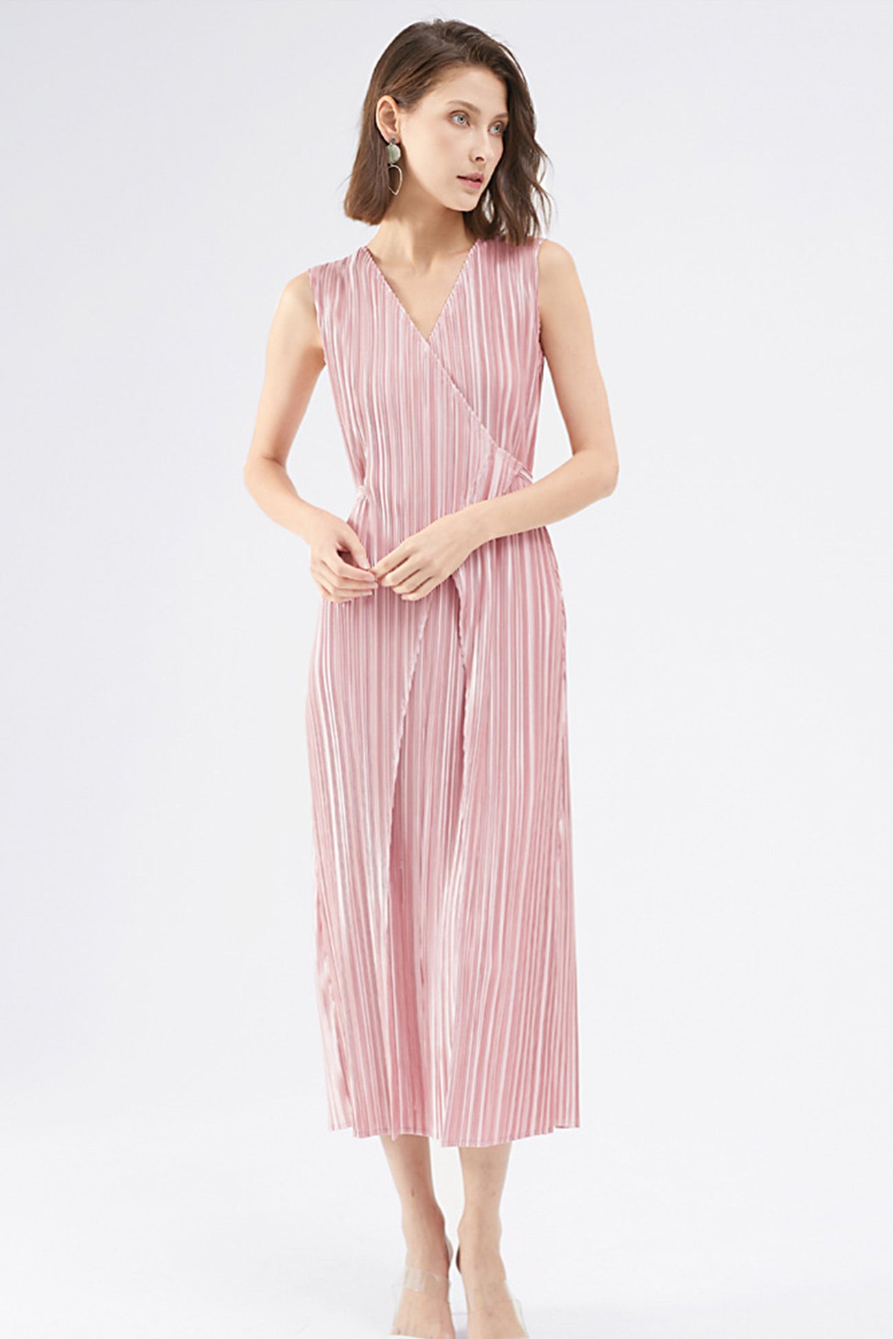 Fully Pleated Glossy Tie-Strap Dress