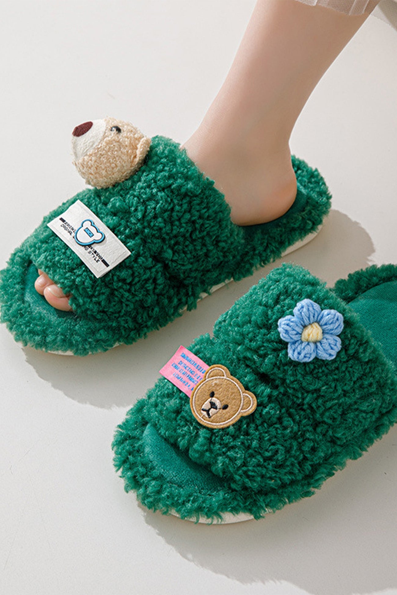 Cute Bear Flower Slip-on Fuzzy Slippers