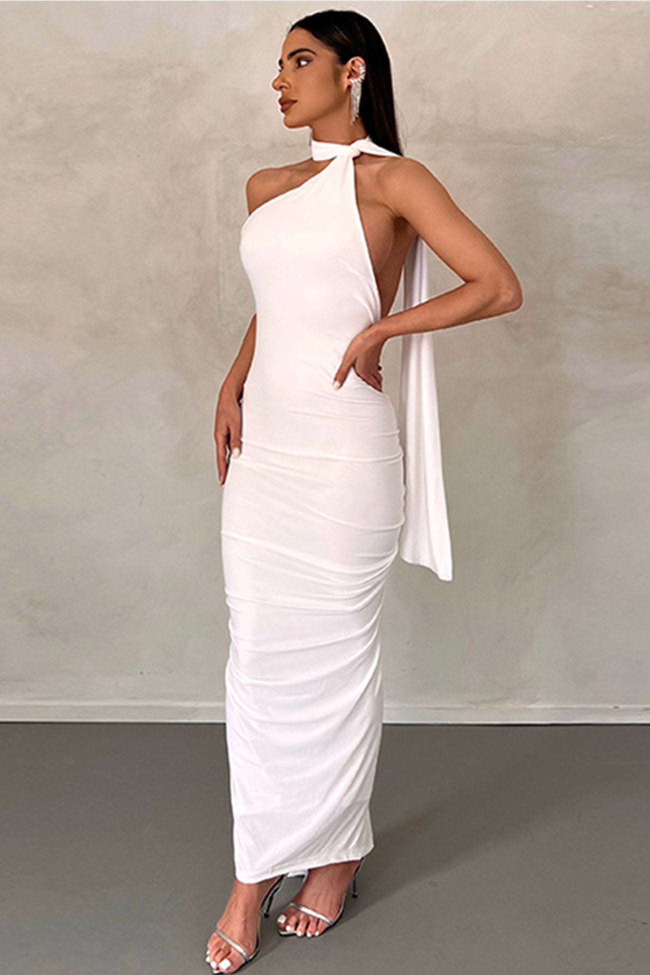 Halter Backless Ruched Midi Dress