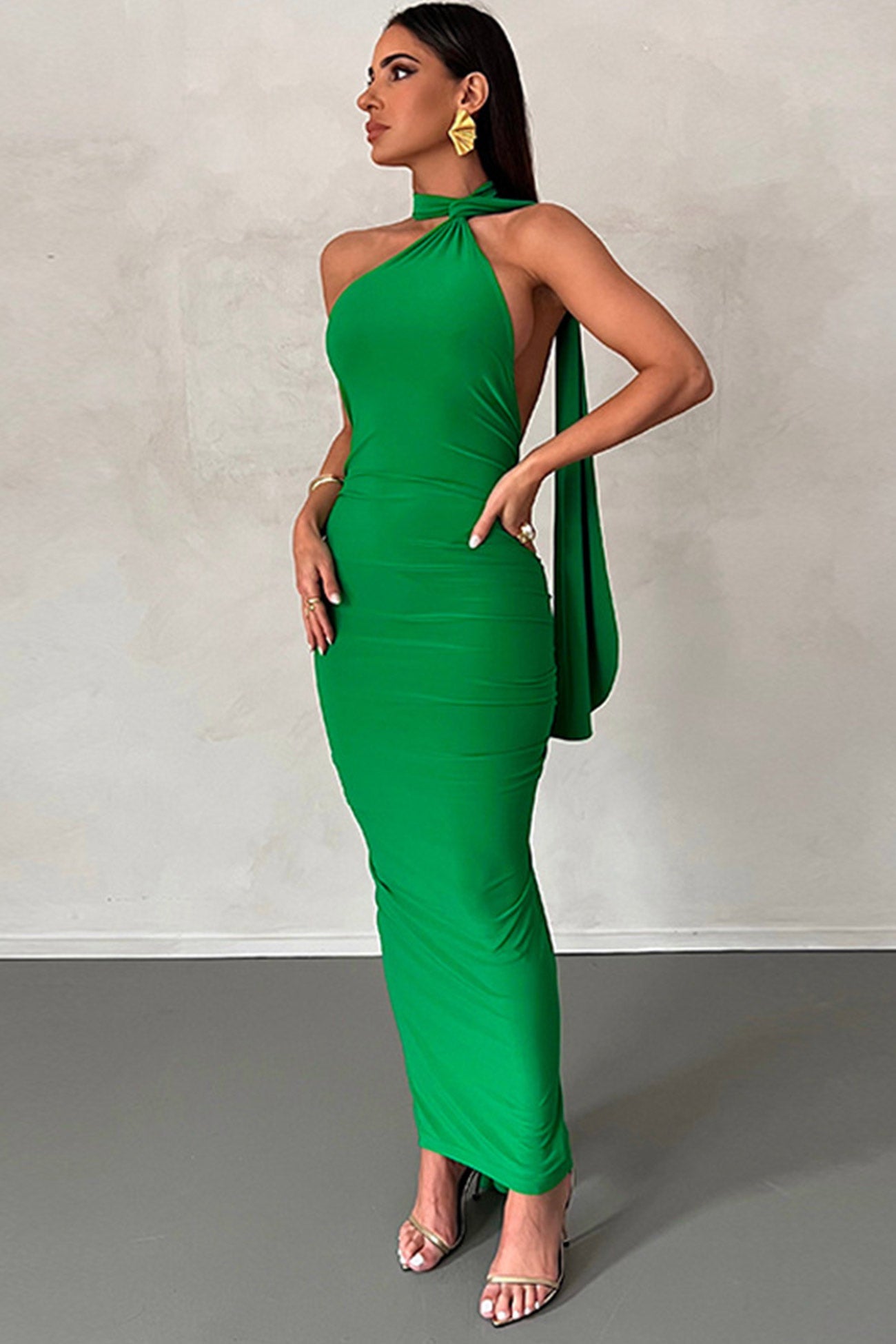 Halter Backless Ruched Midi Dress