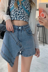 High Waisted Irregular Denim Skorts