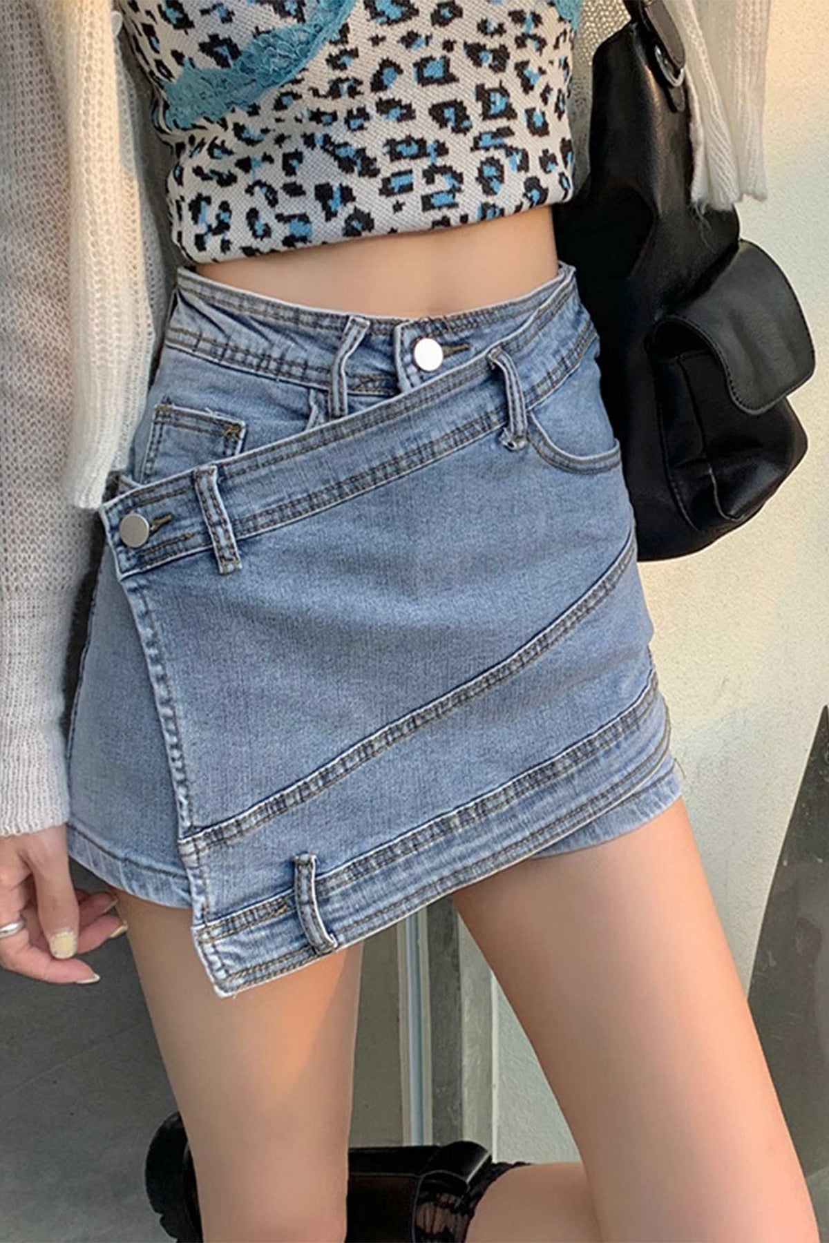 High Waisted Irregular Denim Skorts