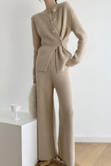 Khaki Ribbed Cardigan Pant Set