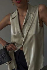 Khaki Satin Lapel Cardigan Tank Top