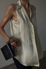 Khaki Satin Lapel Cardigan Tank Top