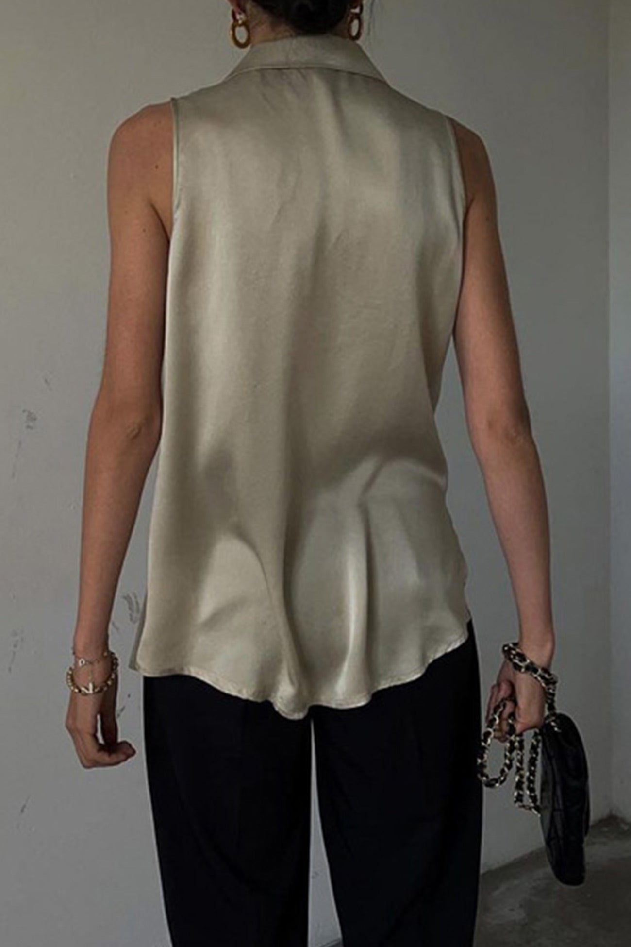 Khaki Satin Lapel Cardigan Tank Top