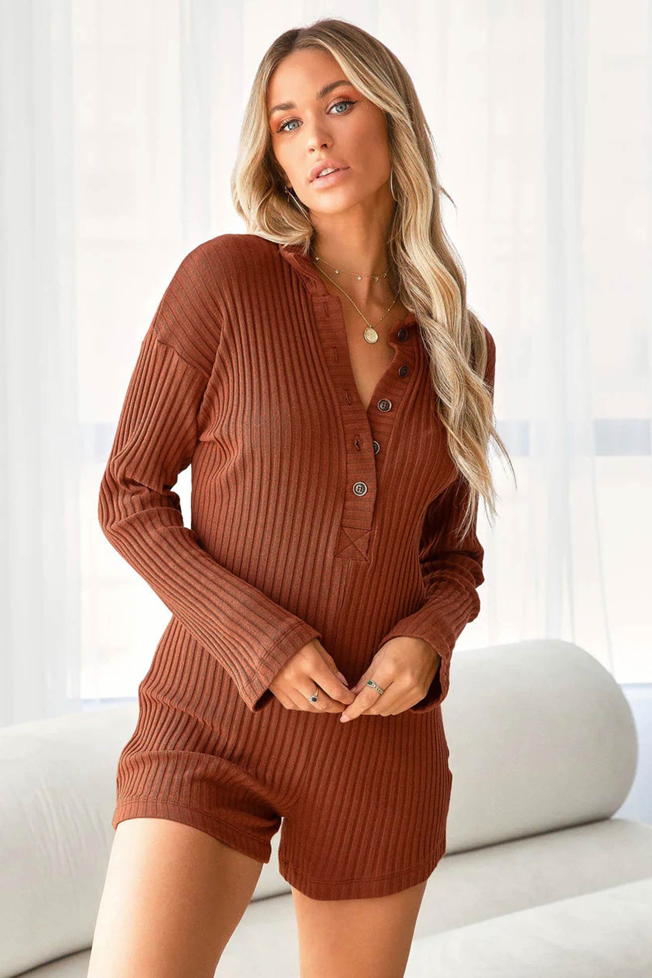 Lapel Button-Front Knitted Rompers