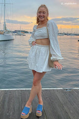 Long Puff Sleeve Ruched Crop Top Skirt Suits