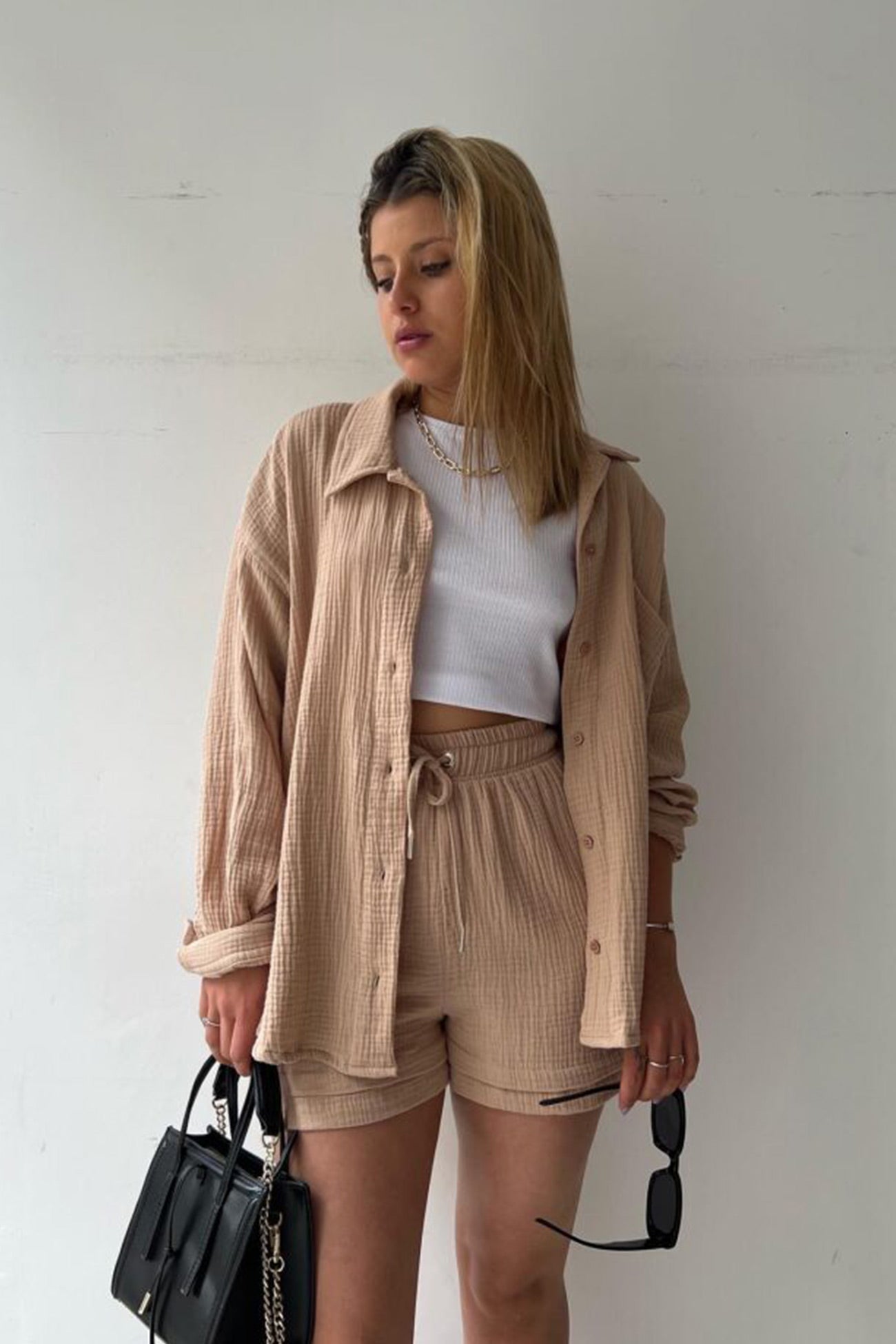 Long Sleeve Solid Color Shirt Shorts Set