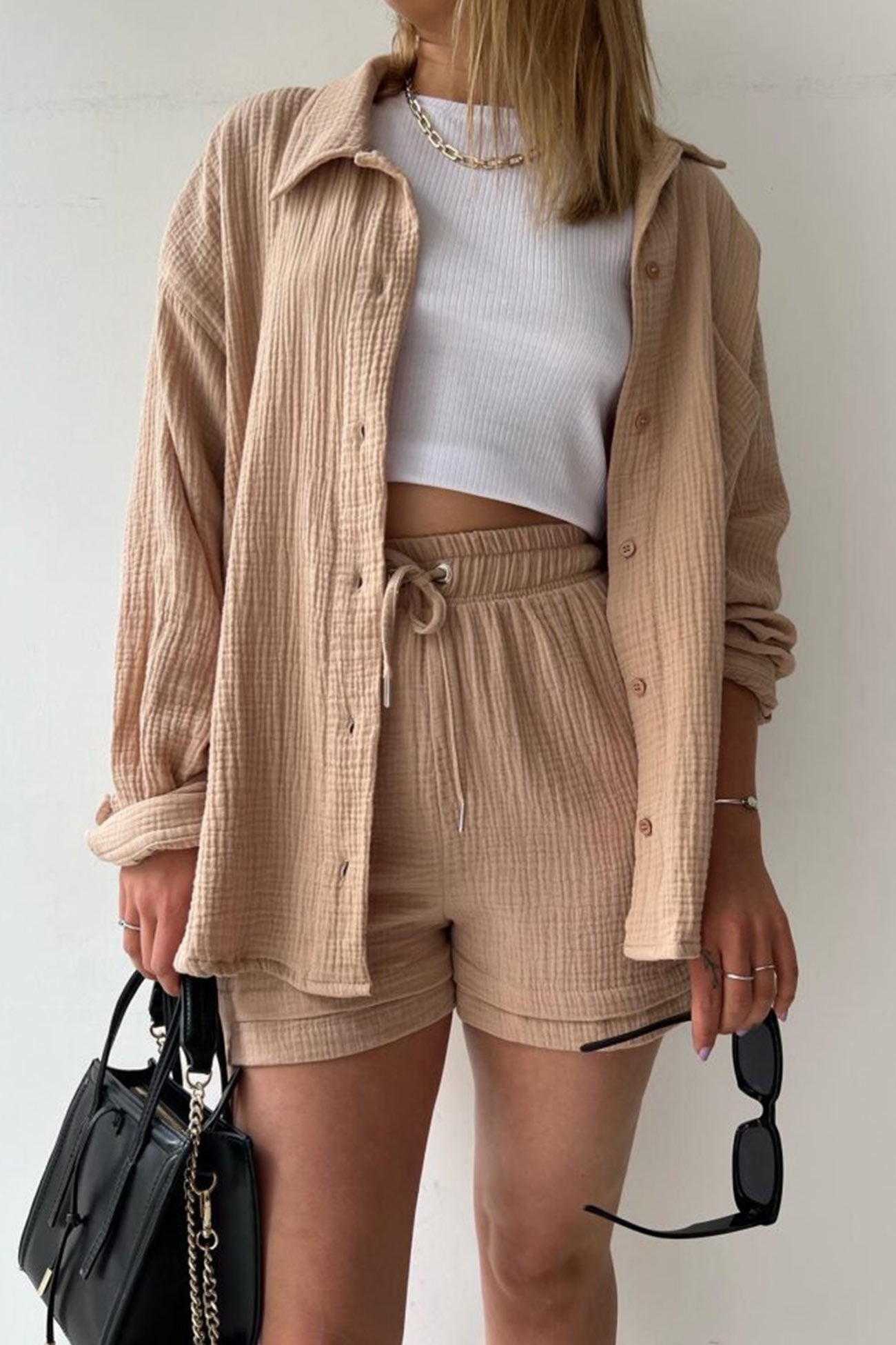 Long Sleeve Solid Color Shirt Shorts Set