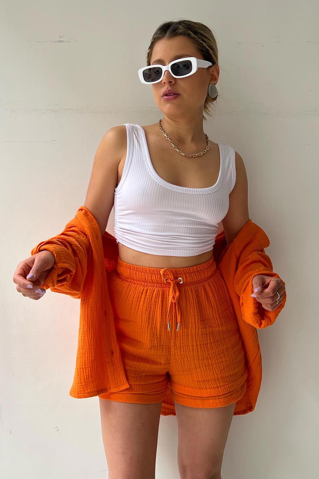 Long Sleeve Solid Color Shirt Shorts Set