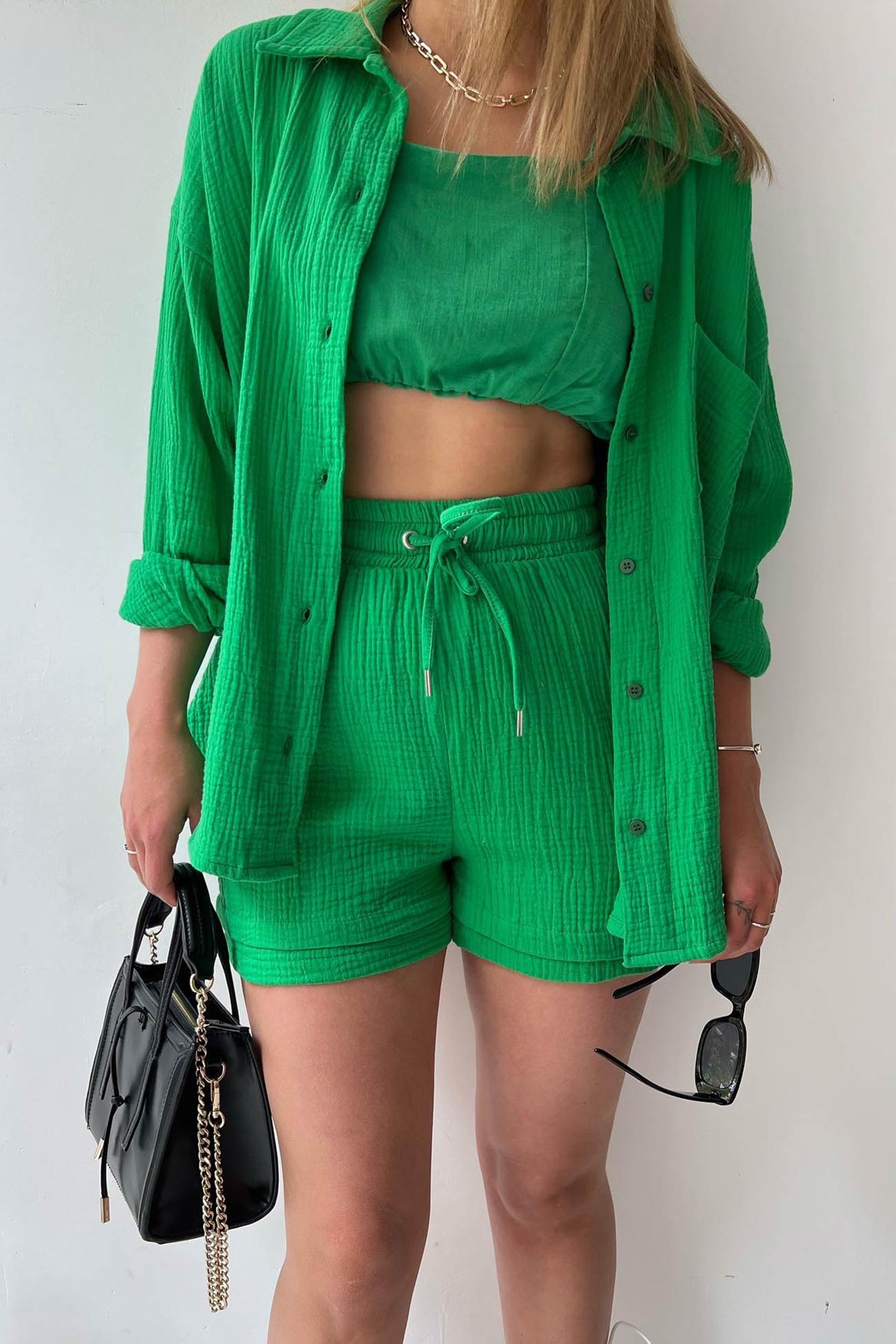 Long Sleeve Solid Color Shirt Shorts Set