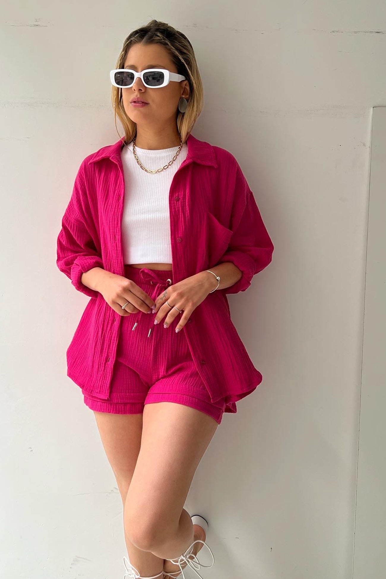 Long Sleeve Solid Color Shirt Shorts Set