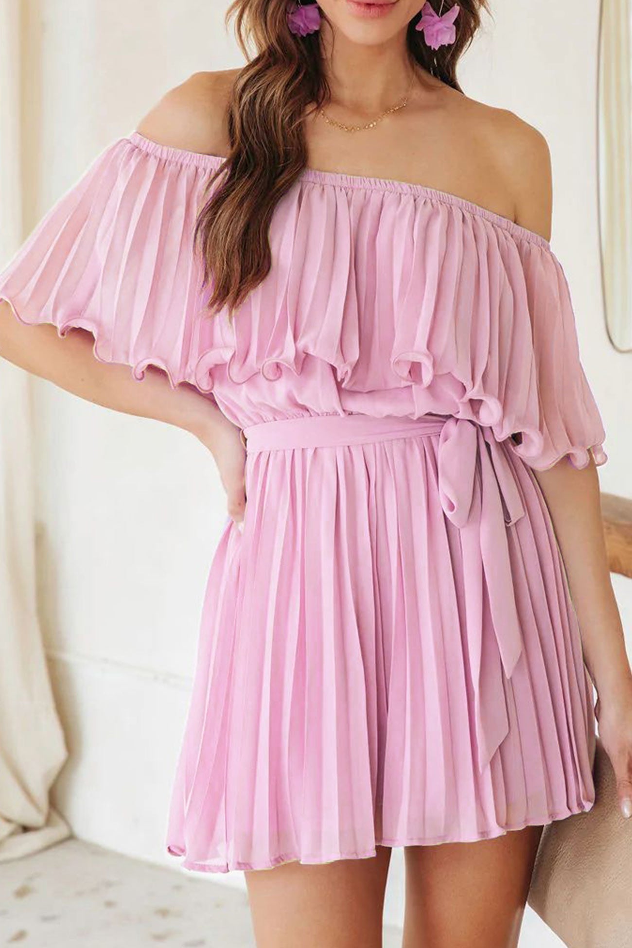 Off Shoulder Pleated Tie-waist Rompers