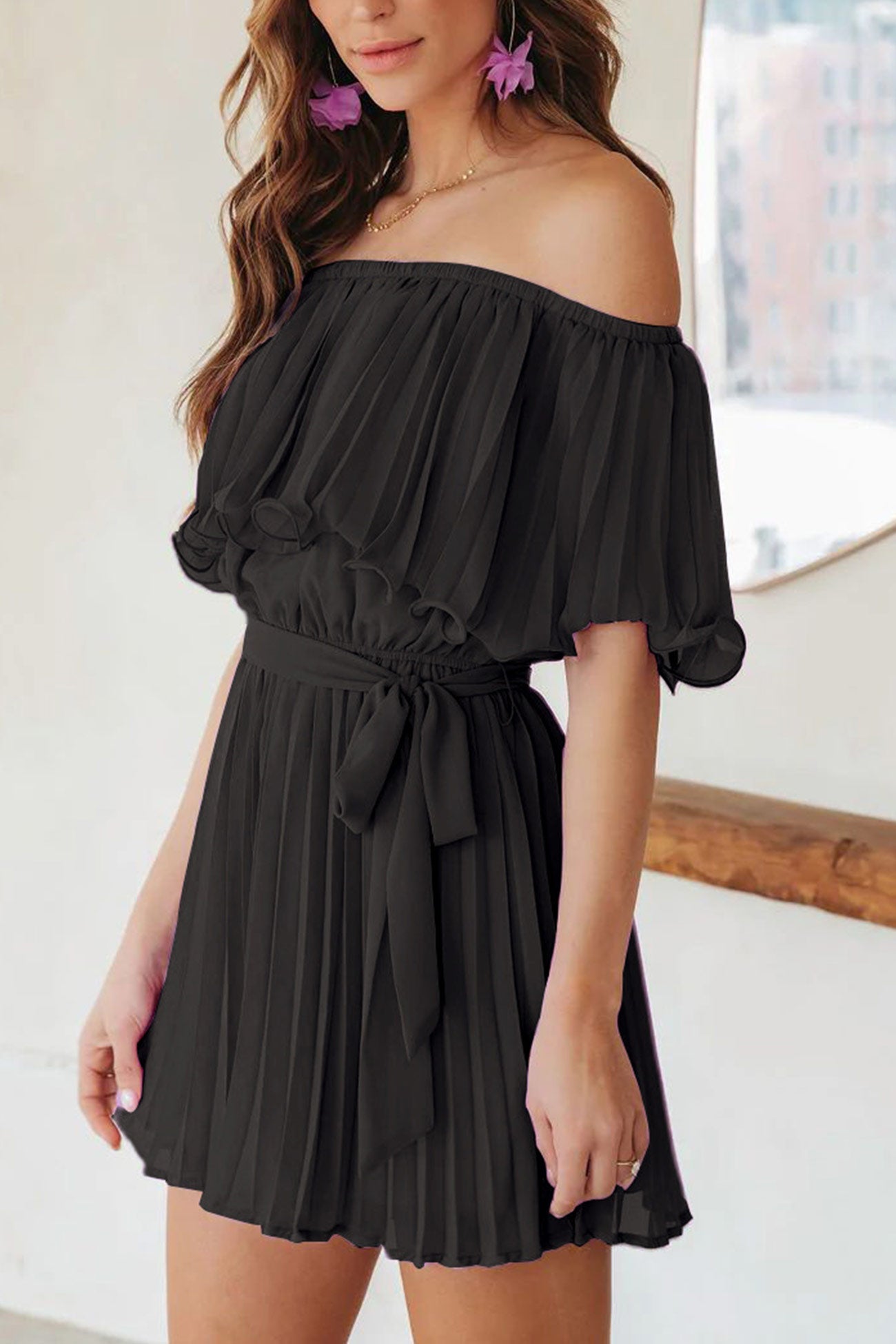 Off Shoulder Pleated Tie-waist Rompers