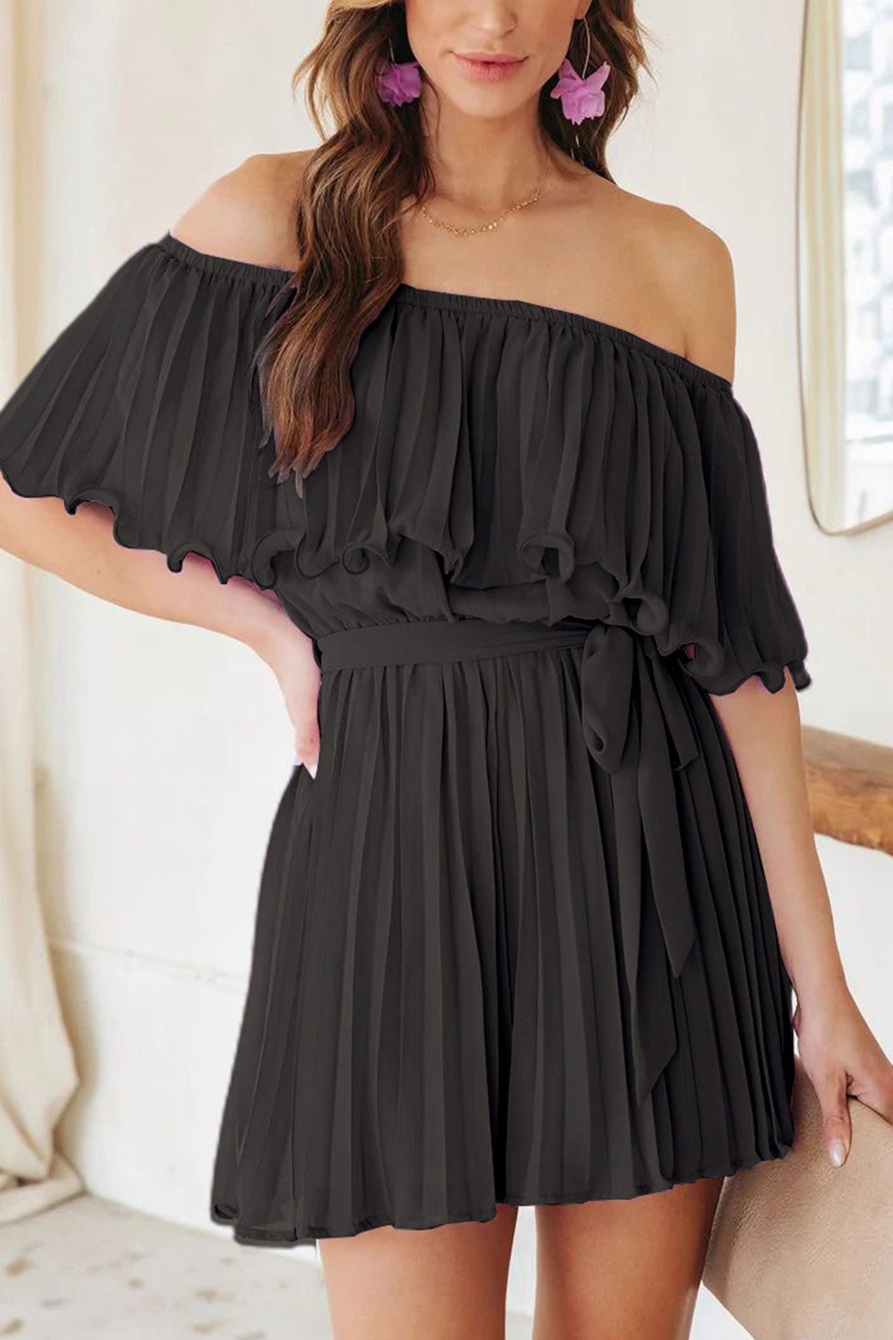 Off Shoulder Pleated Tie-waist Rompers