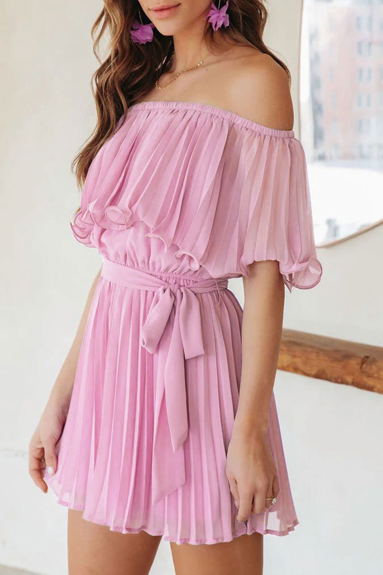 Off Shoulder Pleated Tie-waist Rompers