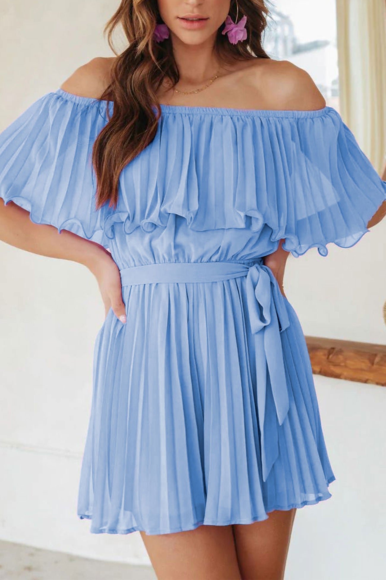 Off Shoulder Pleated Tie-waist Rompers