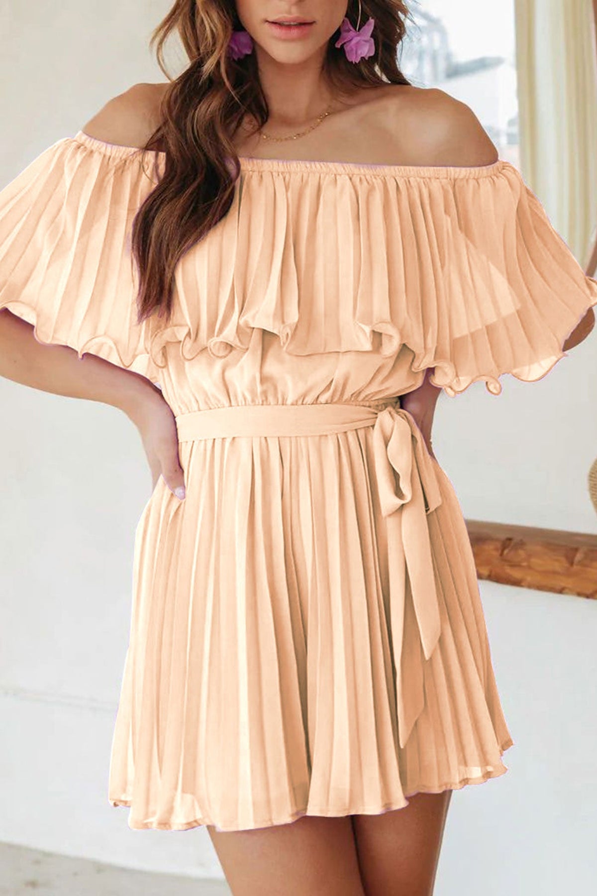 Off Shoulder Pleated Tie-waist Rompers