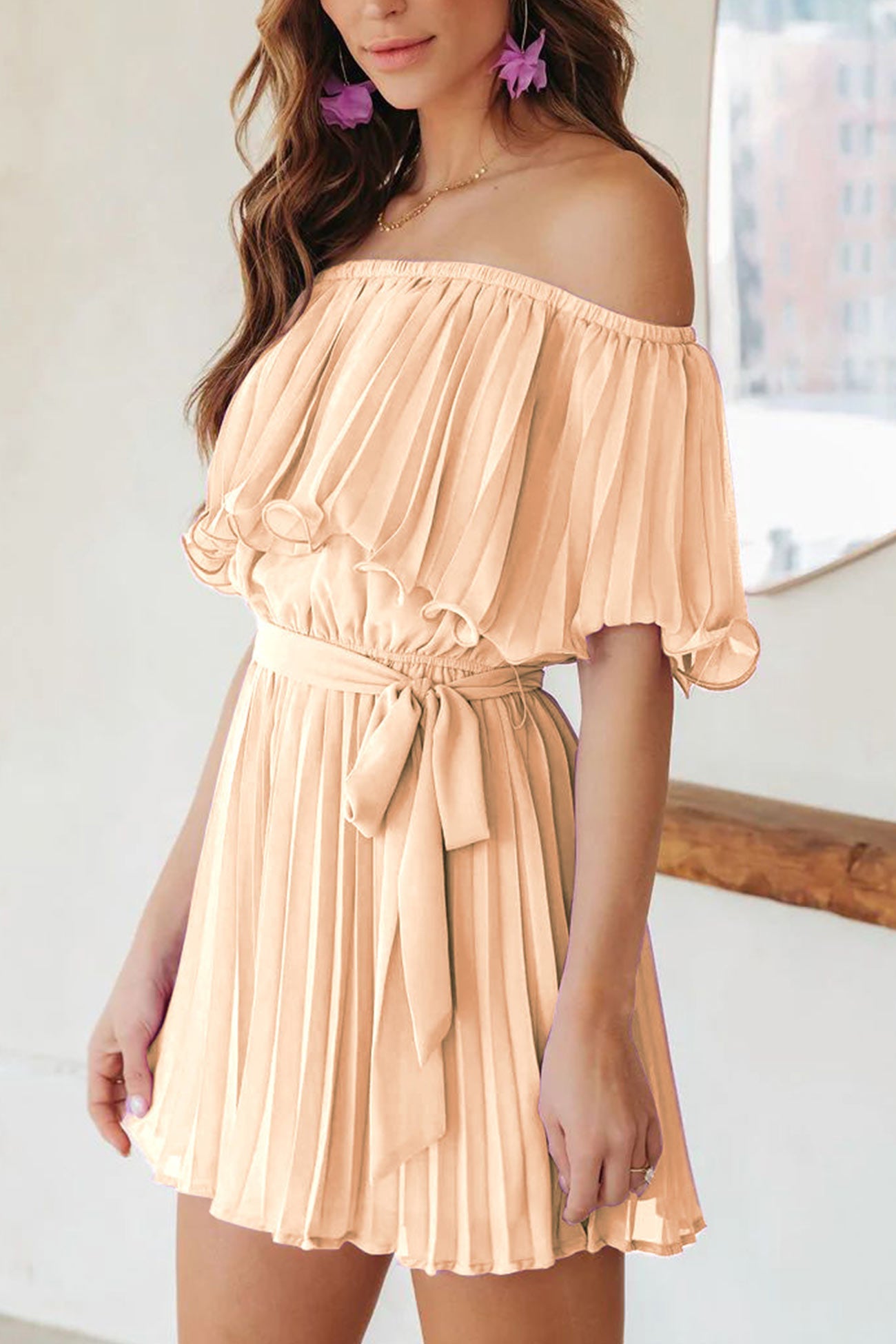 Off Shoulder Pleated Tie-waist Rompers