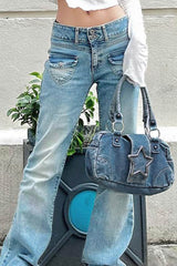 Pentagram Distressed Denim Underarm Bag