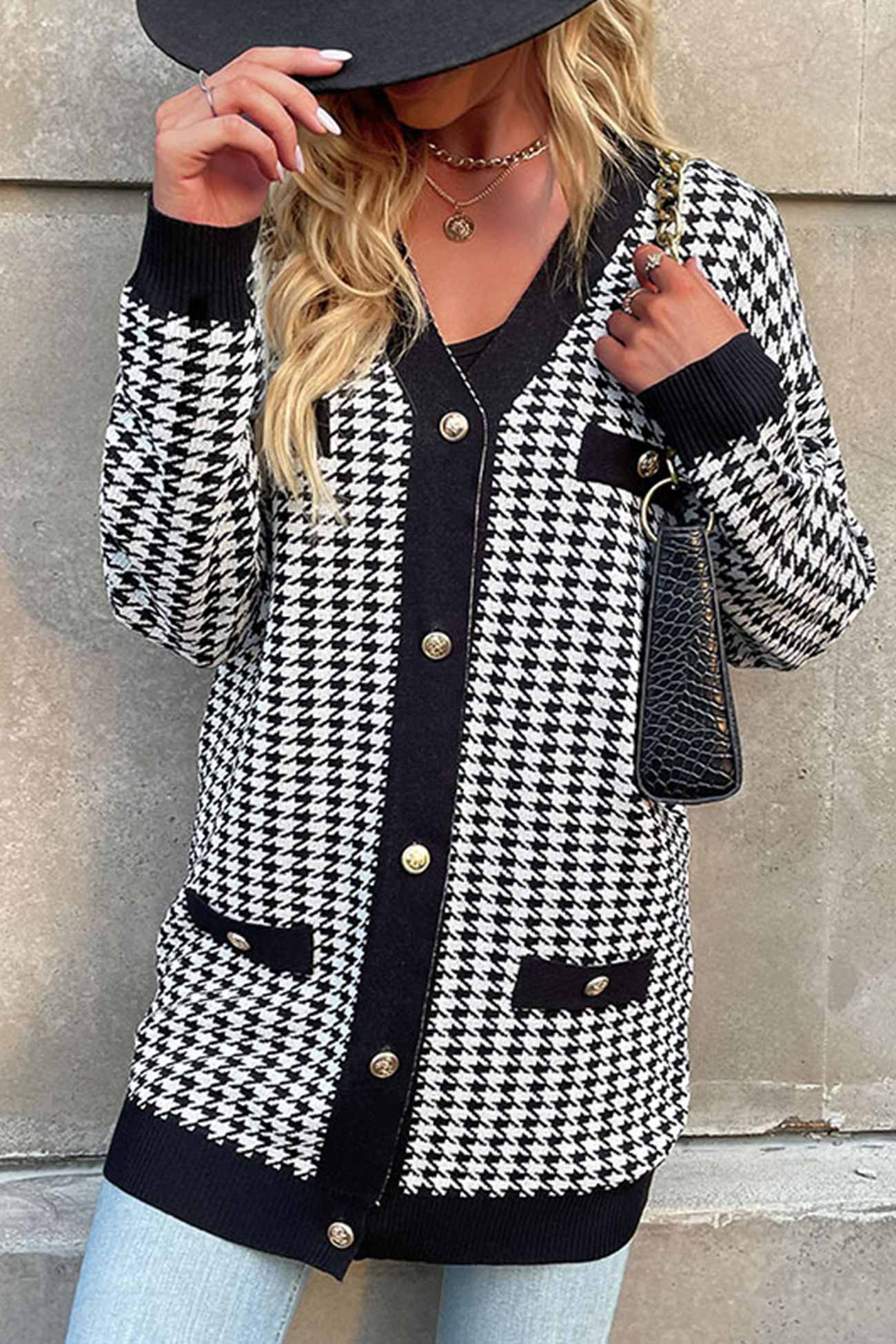 Pocketed Houndstooth Buttoned Cardigan