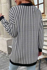 Pocketed Houndstooth Buttoned Cardigan