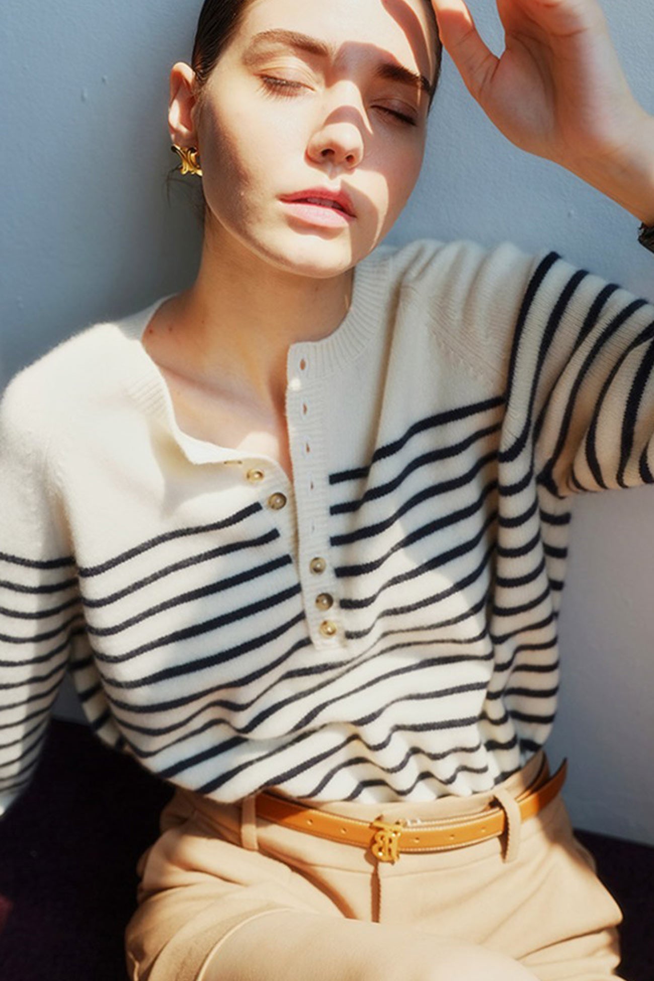 Crew Neck Button-Front Striped Sweater