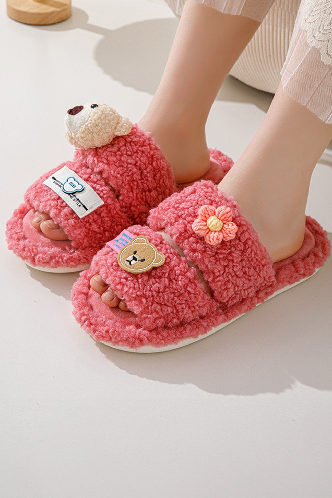 Cute Bear Flower Slip-on Fuzzy Slippers