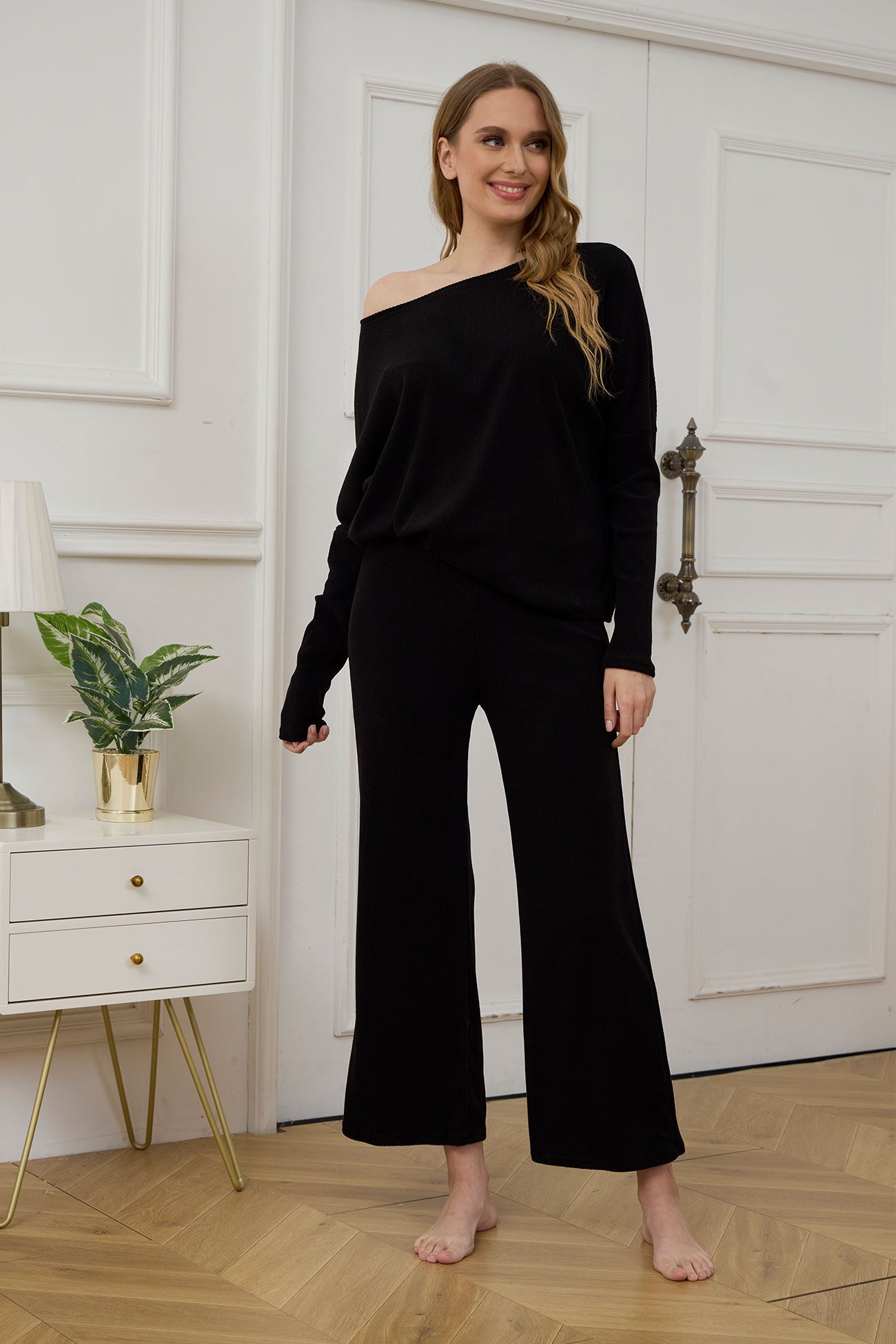 Solid Color Casual Knitted Set