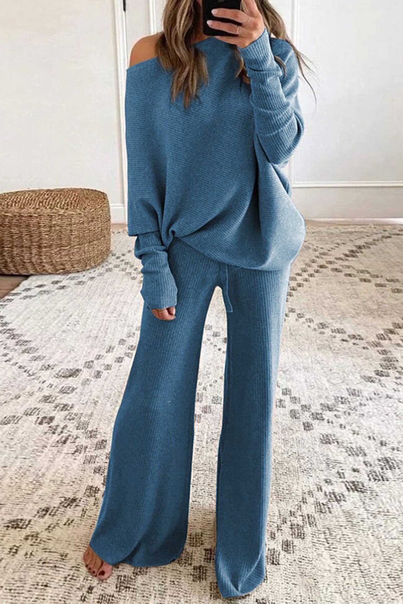 Solid Color Casual Knitted Set