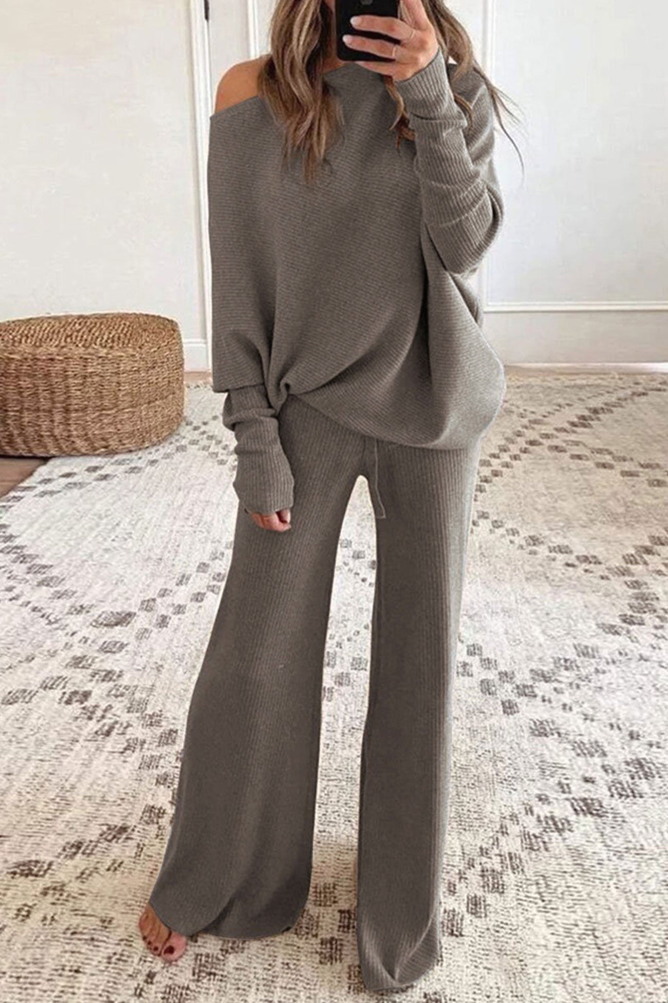 Solid Color Casual Knitted Set