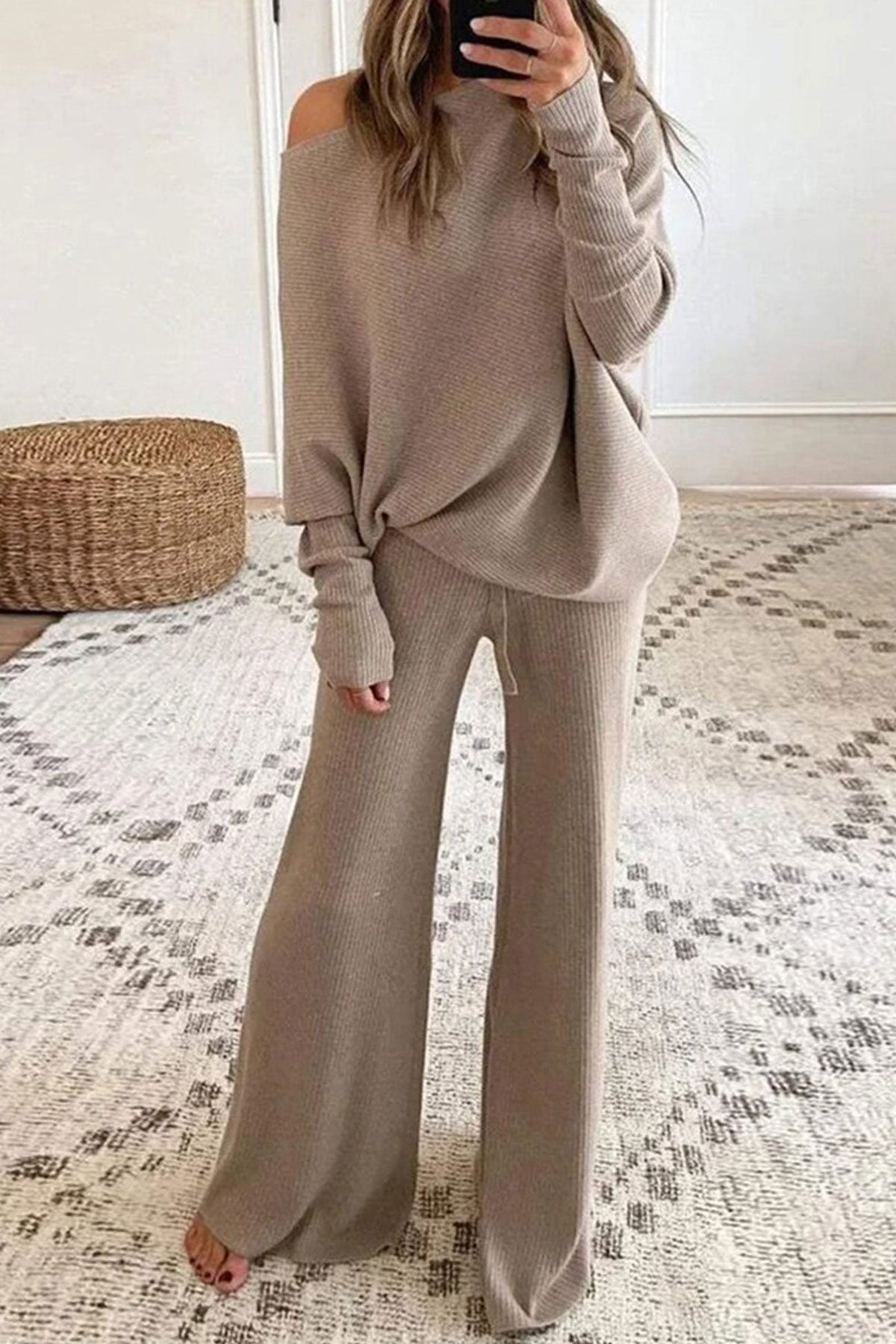Solid Color Casual Knitted Set