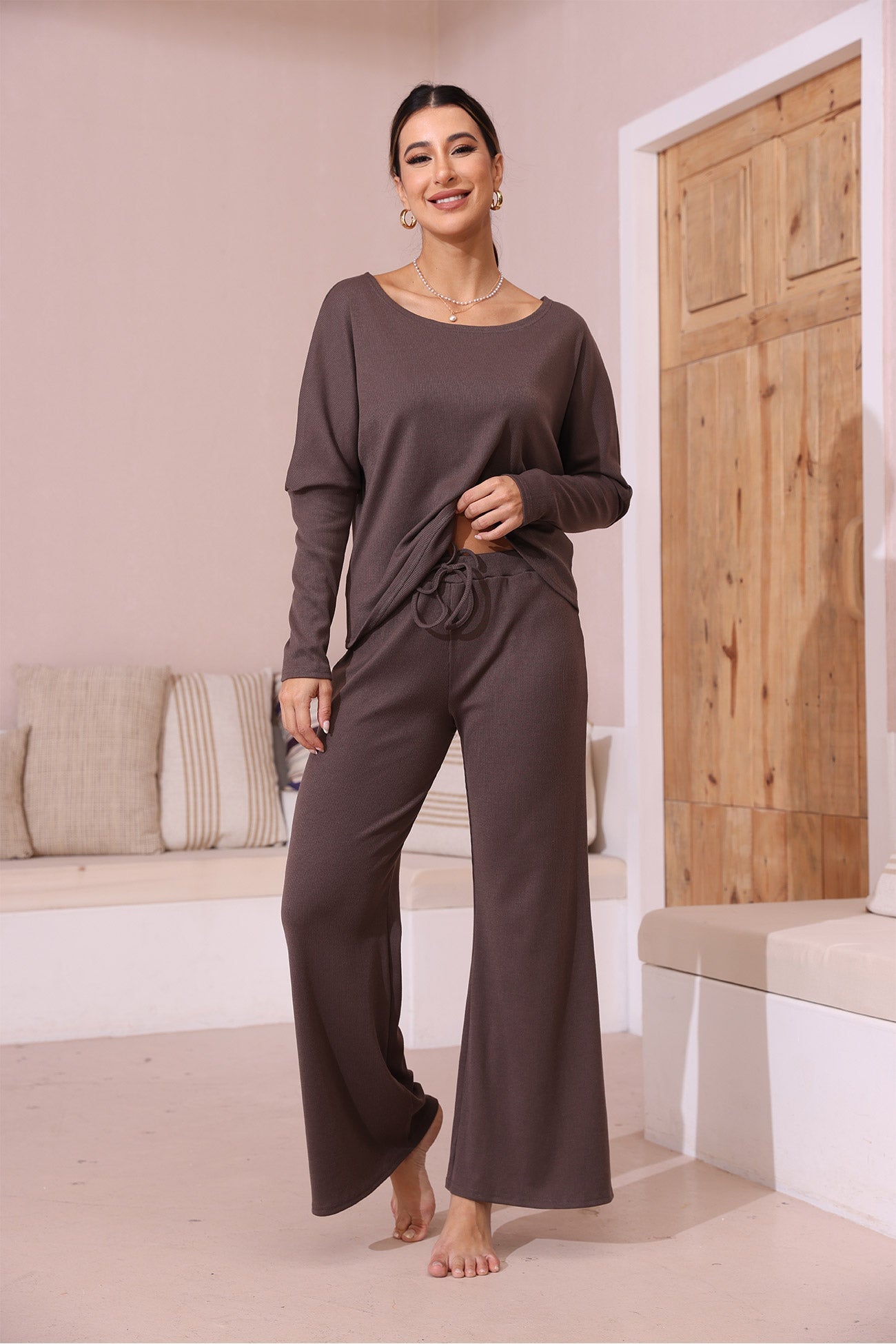 Solid Color Casual Knitted Set