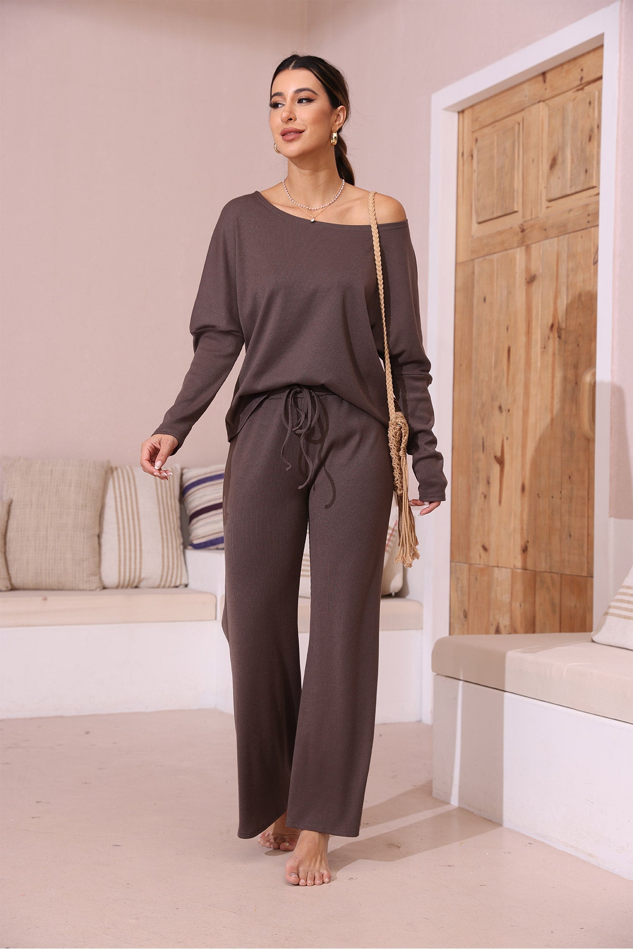 Solid Color Casual Knitted Set