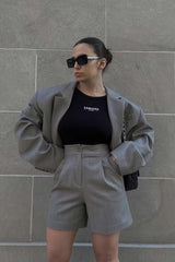 Solid Color Crop Blazer Shorts Two Piece Outfit