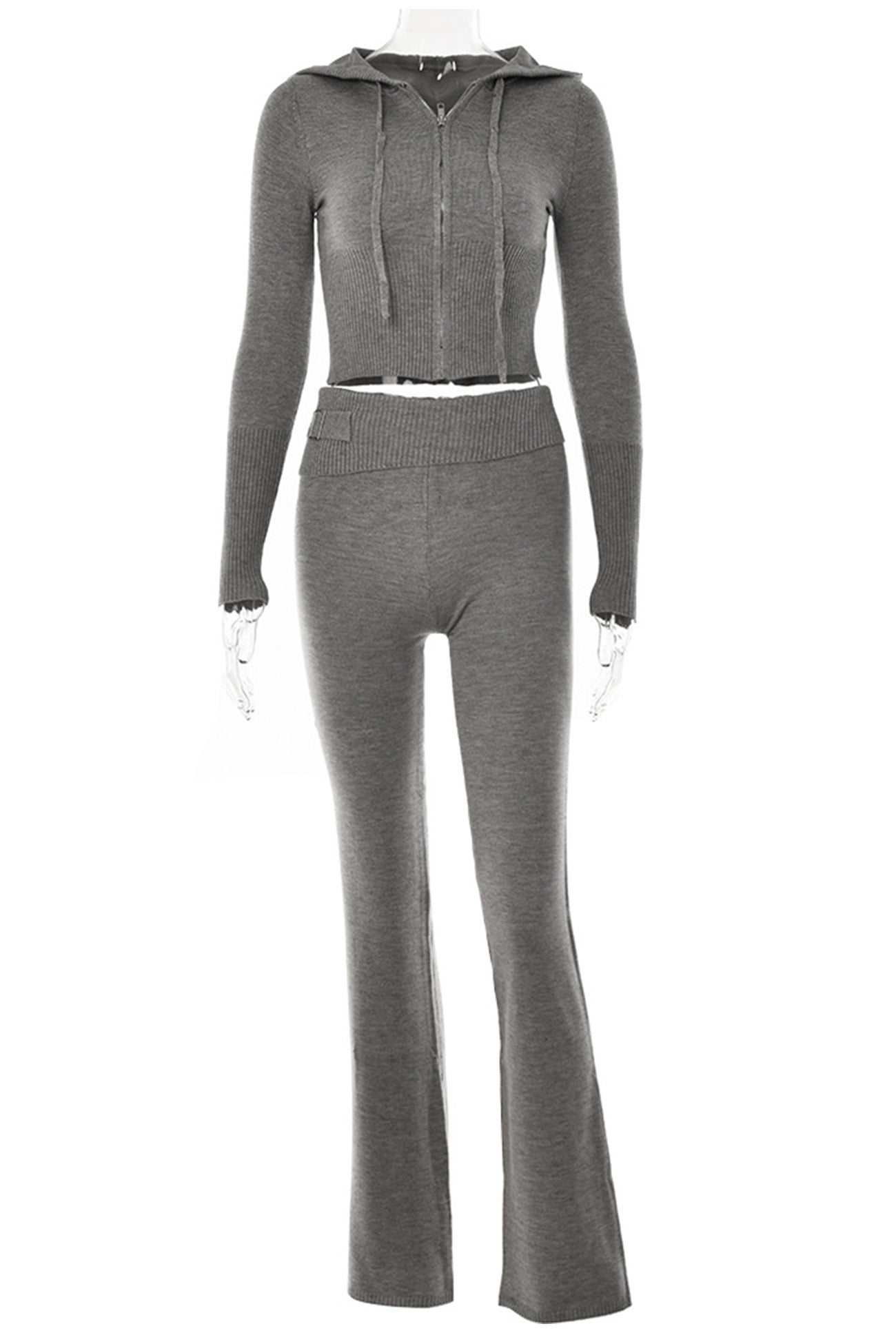 Solid Color Knitted Hoodie Long Pants Set