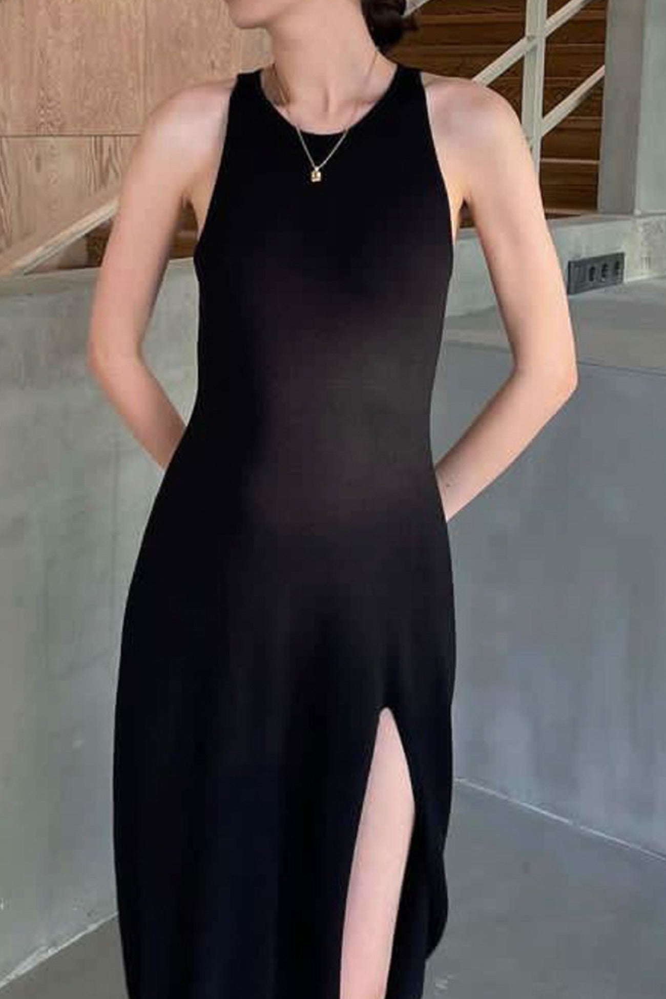 Solid Color Knitted Side Slit Tank Dress