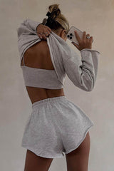 Solid Color Sweatshirt Crop Top Cami Vest Three-piece Shorts Set
