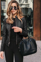 Solid Color Zipper-Front Short Leather Jacket