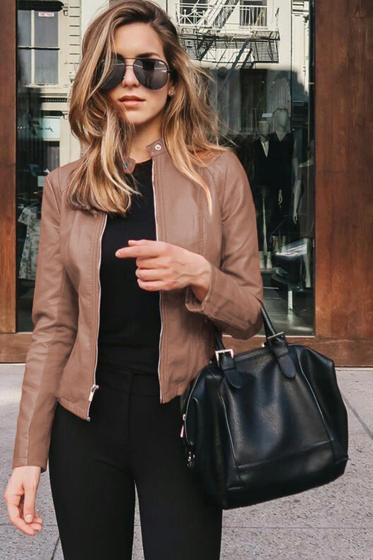 Solid Color Zipper-Front Short Leather Jacket