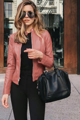 Solid Color Zipper-Front Short Leather Jacket