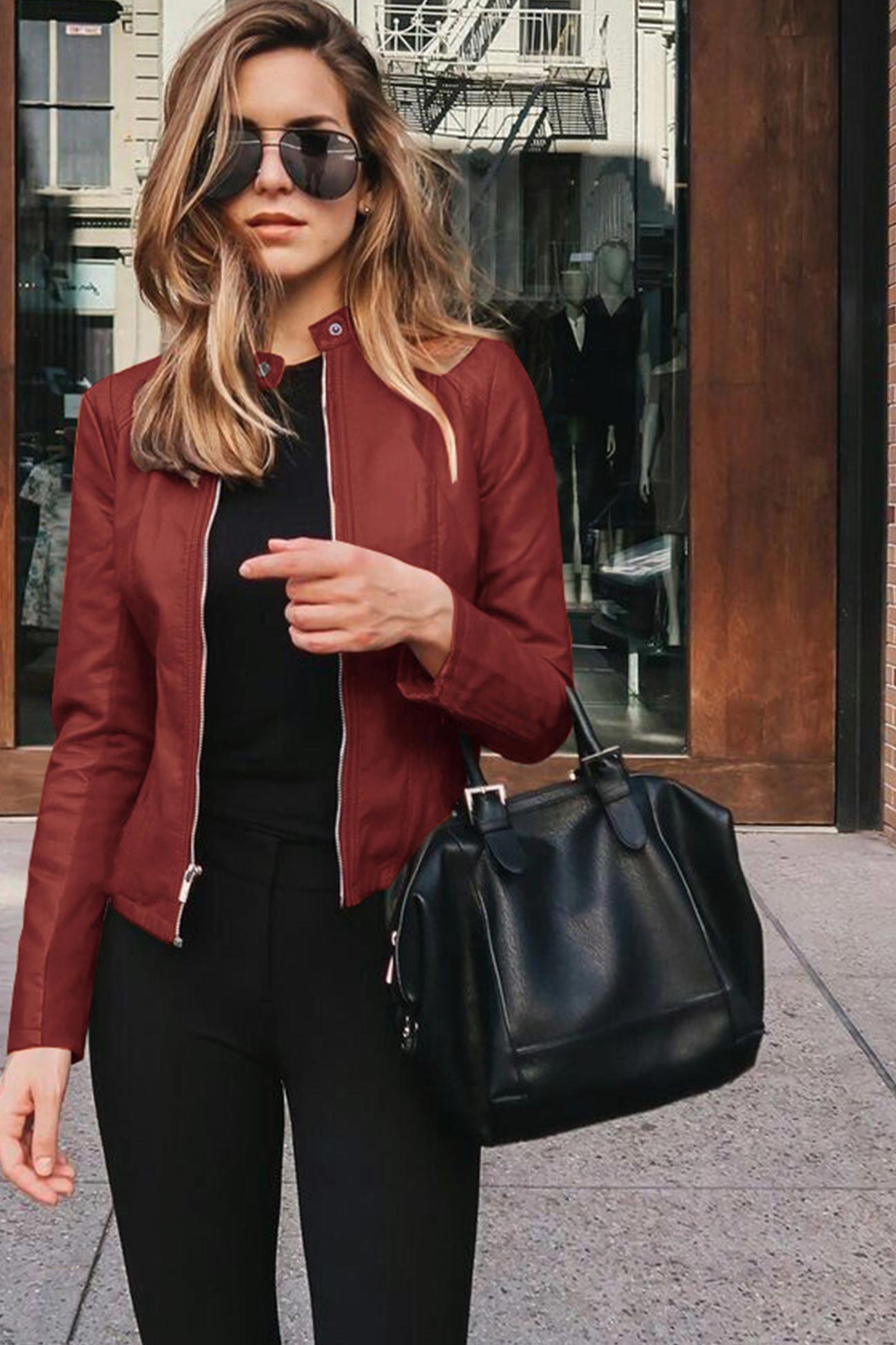Solid Color Zipper-Front Short Leather Jacket
