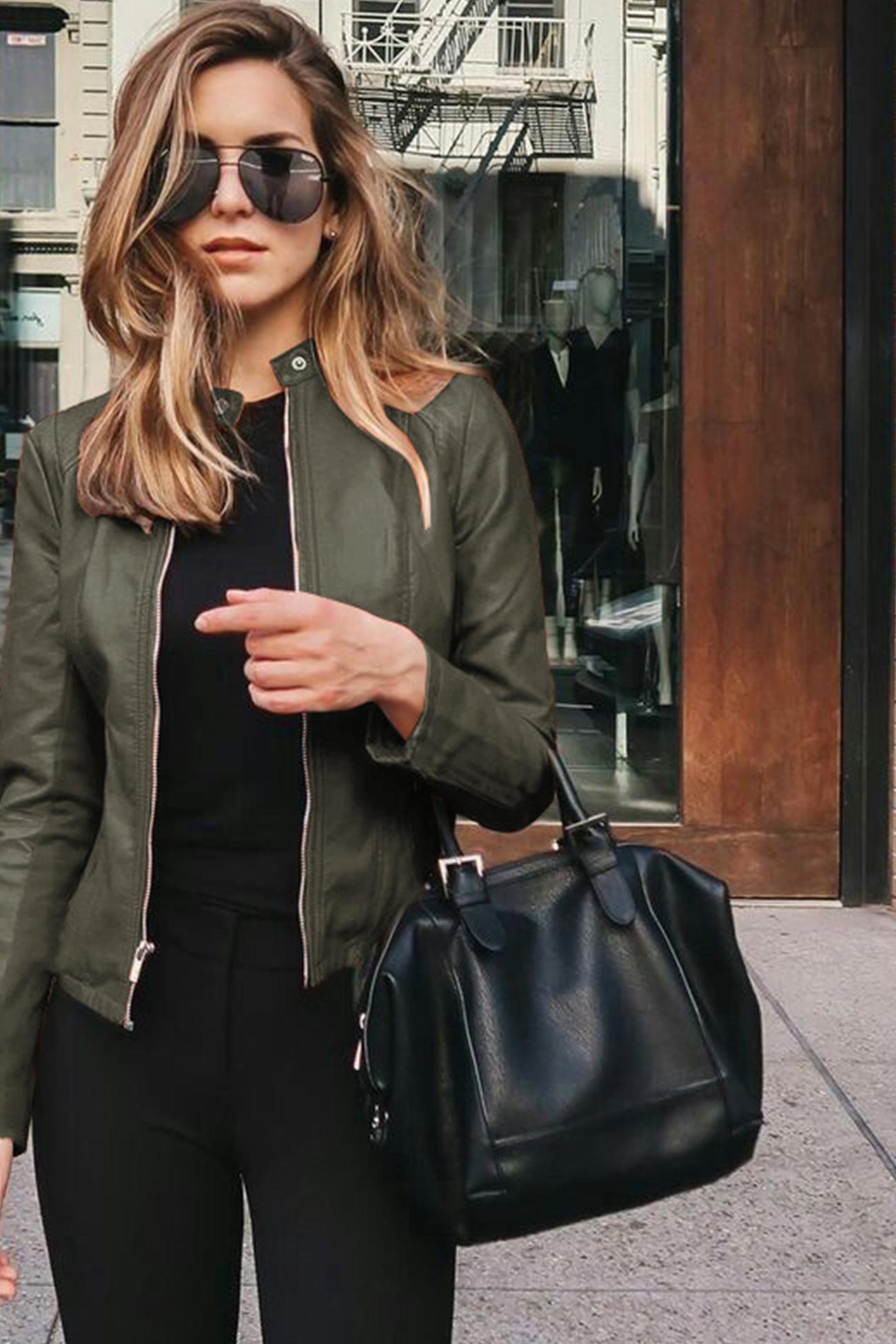 Solid Color Zipper-Front Short Leather Jacket